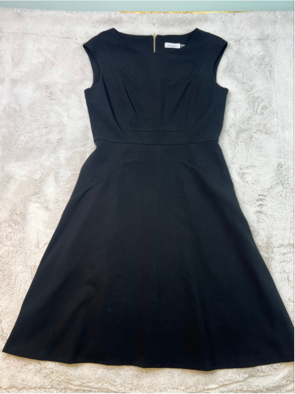 Calvin Klein Black Midi A-Line Dress Womens Size 6 Gold Zipper Cap Sleeve Lined